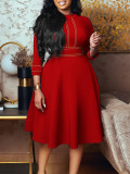 Africa Plus Size Women's Short Sleeve Stand Collar Fashion Party Swing Dress 3/4 Sleeve