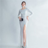 High-density ostrich feather sequin long-sleeved mermaid high-end evening dress