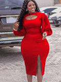 Plus Size Women's Fall Chic Cutout Long Sleeve Slit Solid Color African Dress