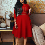 Africa Plus Size Women's Short Sleeve Stand Collar Fashion Party Swing Dress 3/4 Sleeve