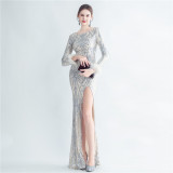 High-density ostrich feather sequin long-sleeved mermaid high-end evening dress