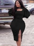 Plus Size Women's Fall Chic Cutout Long Sleeve Slit Solid Color African Dress