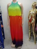 Women's Round Neck Sleeveless Maxi Pleated Tie Dye Pressed Pleated Slim Waist Rainbow Dress