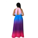 Women's Round Neck Sleeveless Maxi Pleated Tie Dye Pressed Pleated Slim Waist Rainbow Dress