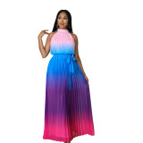 Women's Round Neck Sleeveless Maxi Pleated Tie Dye Pressed Pleated Slim Waist Rainbow Dress