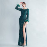 High-density ostrich feather sequin long-sleeved mermaid high-end evening dress