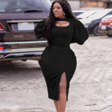 Plus Size Women's Fall Chic Cutout Long Sleeve Slit Solid Color African Dress