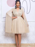 Belted V-Neck Chic Long Sleeve Cape Slim Waist Gown Dress