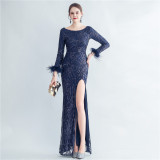 High-density ostrich feather sequin long-sleeved mermaid high-end evening dress