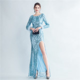 High-density ostrich feather sequin long-sleeved mermaid high-end evening dress