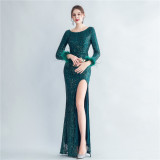 High-density ostrich feather sequin long-sleeved mermaid high-end evening dress