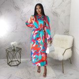 Women's Tie Long Sleeve Printed Pleated Dress