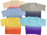 Summer Gradient Women's Yoga Short-Sleeved T-Shirt Sports Shorts Tight Fitting Crop Elastic Two-Piece Set For Women