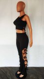 Women's Fashion Summer Style Cutout Tie Solid Color Ribbed Sleeveless Two-Piece Pants Set