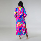 Women's Tie Long Sleeve Printed Pleated Dress