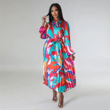 Women's Tie Long Sleeve Printed Pleated Dress