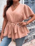 Belly Cover Summer Loose Plus Size Half Short Sleeves Chic V-Neck Top