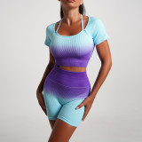 Summer Gradient Women's Yoga Short-Sleeved T-Shirt Sports Shorts Tight Fitting Crop Elastic Two-Piece Set For Women