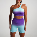 Summer Gradient Women's Yoga Short-Sleeved T-Shirt Sports Shorts Tight Fitting Crop Elastic Two-Piece Set For Women