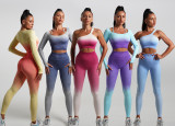Summer Gradient Women's Yoga Short-Sleeved T-Shirt Sports Shorts Tight Fitting Crop Elastic Two-Piece Set For Women