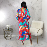 Women's Tie Long Sleeve Printed Pleated Dress