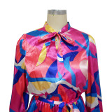 Women's Tie Long Sleeve Printed Pleated Dress