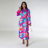 Women's Tie Long Sleeve Printed Pleated Dress