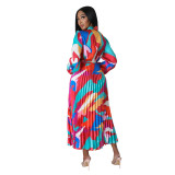 Women's Tie Long Sleeve Printed Pleated Dress