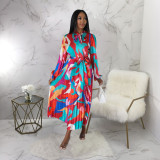 Women's Tie Long Sleeve Printed Pleated Dress