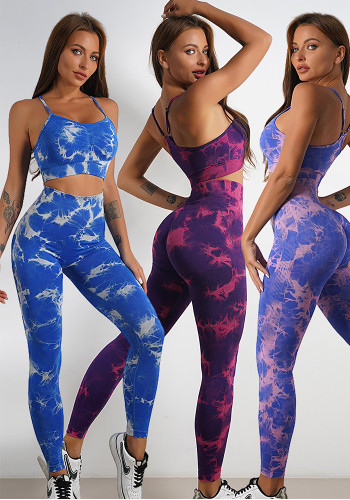 Seamless Knitting Tie-Dye Yoga Clothing Fitness Suit Sports High Waist Elastic Pants Women