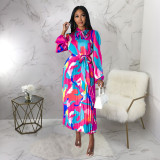 Women's Tie Long Sleeve Printed Pleated Dress