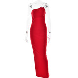 Women's Rhinestone Strap Dress Sexy Chic Low Back Slash Shoulder Maxi Dress