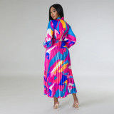 Women's Tie Long Sleeve Printed Pleated Dress