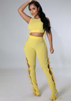 Women's Fashion Summer Style Cutout Tie Solid Color Ribbed Sleeveless Two-Piece Pants Set