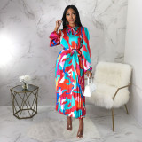 Women's Tie Long Sleeve Printed Pleated Dress