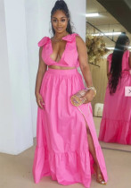 Women's Solid Color V-Neck Lace-Up Tank Top+Slit Long Skirt Two Piece Set Women's Solid Color V-Neck Lace-Up Tank Top+Slit Long Skirt Two Piece Set