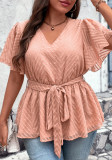 Belly Cover Summer Loose Plus Size Half Short Sleeves Chic V-Neck Top