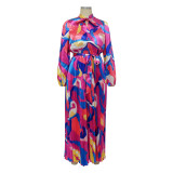 Women's Tie Long Sleeve Printed Pleated Dress