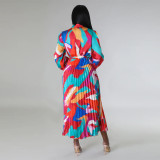 Women's Tie Long Sleeve Printed Pleated Dress
