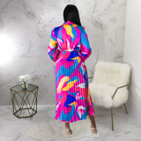 Women's Tie Long Sleeve Printed Pleated Dress