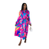Women's Tie Long Sleeve Printed Pleated Dress