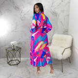 Women's Tie Long Sleeve Printed Pleated Dress