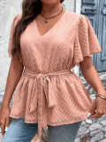 Belly Cover Summer Loose Plus Size Half Short Sleeves Chic V-Neck Top
