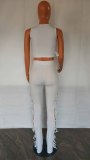 Women's Fashion Summer Style Cutout Tie Solid Color Ribbed Sleeveless Two-Piece Pants Set