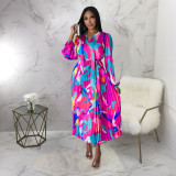 Women's Tie Long Sleeve Printed Pleated Dress