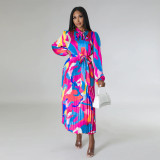 Women's Tie Long Sleeve Printed Pleated Dress