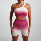 Summer Gradient Women's Yoga Short-Sleeved T-Shirt Sports Shorts Tight Fitting Crop Elastic Two-Piece Set For Women