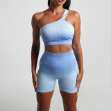 Summer Gradient Women's Yoga Short-Sleeved T-Shirt Sports Shorts Tight Fitting Crop Elastic Two-Piece Set For Women