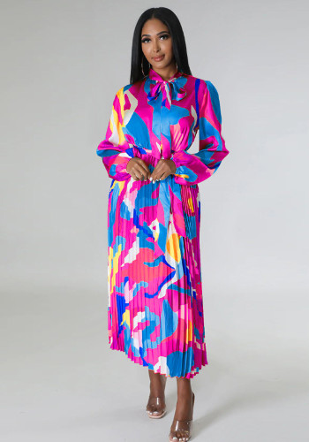 Women's Tie Long Sleeve Printed Pleated Dress