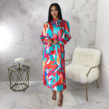 Women's Tie Long Sleeve Printed Pleated Dress